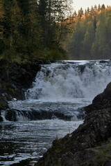 Stormy stream of Kivach waterfall in autumn Karelia