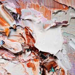 Macro. Abstract art. Expressive embossed pasty oil paints and reliefs. Colors: yellow, white, ocher, brown.