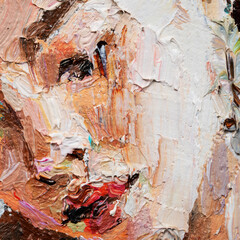 Little ballerina with curly hair sits and fastens pointe shoes on a white background. Oil painting,...