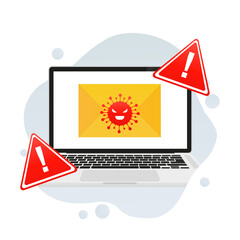 Virus message with warning signs on laptop. Vector illustration
