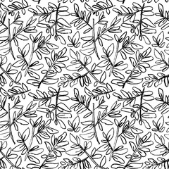 Retro contour drawing branches with leaves seamless pattern. Dry brush drawn black outlined plants. Vector seamless pattern of various silhouette branches with leaves in outline technique.