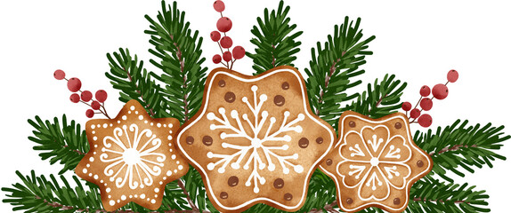 Christmas gingerbread border. Holiday traditional cookies with winter ornament. Green fir branches. - obrazy, fototapety, plakaty