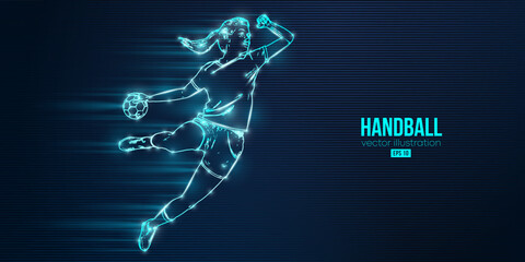 Abstract silhouette of a handball player on blue background. Handball player woman are throws the ball. Vector illustration - obrazy, fototapety, plakaty