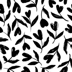 Branches with heart shape flowers seamless pattern. Brush drawn hearts with stems and leaves ornament. Vector black ink illustration for Valentine's day. Simple repeating texture with chaotic plants.