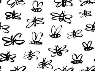 Childish style bees seamless pattern. Brush drawn abstract black flying bees. Random black and white butterflies silhouettes pattern. Trendy animal motif vector ornament. Simple insects. 