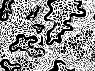 Organic shapes with blots seamless pattern. Chaotic ink brush scribbles decorative texture. Abstract line brush stroke shapes with hand drawn organic blobs. Stylish structure of natural cells.