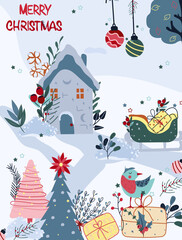 Winter card, with Merry Christmas lettering, with winter house, Christmas tree, Santa sleigh with gifts and other. Concept Christmas and New Year. Perfect for greeting cards, poster, postcard, banner