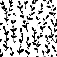 Thin long vertical branches with small leaves seamless pattern. Brush drawn ivy branches ornament. Vector hand drawn illustration in simple doodle cartoon style. Silhouettes of small twigs.