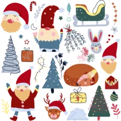 Fotobehang Christmas collection with Santa Claus, cute winter deer, Christmas tree, colorful leaves, pine branches, snow and other. Concept Christmas and New Year. Funny cartoon characters. Vector. © YustynaOlha