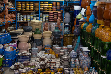 Colorful traditional homemade pottery art made of clay in agadir, morocco, africa, arabic art