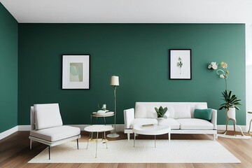Stylish living room interior at elegant apartment with white clock, boxes and elegant accessories on the shelf. Green wood panelling. Modern home staging. Template. Home decor. Copy space.