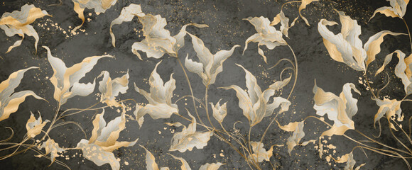 Luxury art background with flowers in golden line style with watercolor texture. Hand drawn botanical banner for wallpaper design, decor, print, packaging, interior, textile.