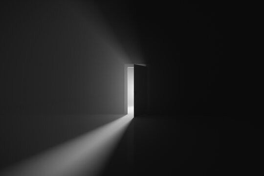 Rays of light emerge from the doorway of a brightly lit room