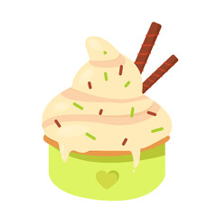 Creamy ice cream with sprinkles and chocolate tubes in a cup vector