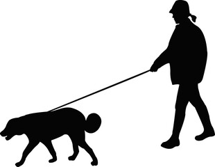  a woman walking the dog, silhouette vector