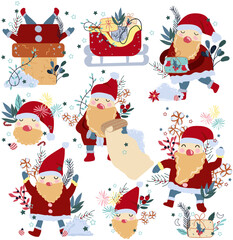 Collection of Christmas Santa Claus with winter present, flowers, colorful leaves, Christmas sleigh, snow. Concept Christmas and New Year. Perfect for greeting cards, poster, postcard, banner