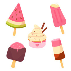 Ice cream of different types creamy strawberry chocolate popsicle on a stick in a cup vector