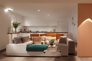 Modern living room with designer furniture. Sofa with light cushions and balcony view. Behind the modern kitchen with island. Nobody inside.