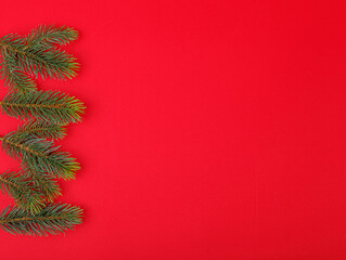Fototapeta na wymiar Christmas tree branches with cones on a red background