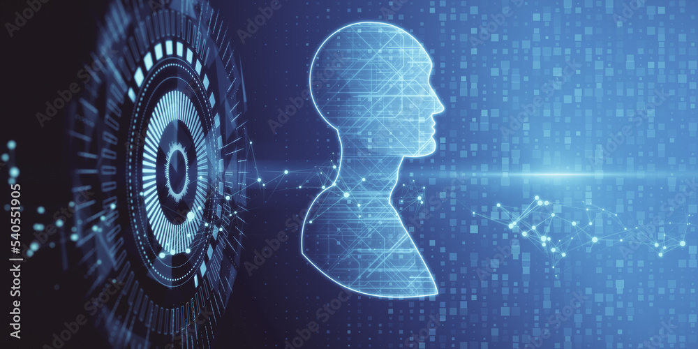 Poster Creative glowing artificial intelligence and machine learning hologram on blurry blue background. 3D Rendering.