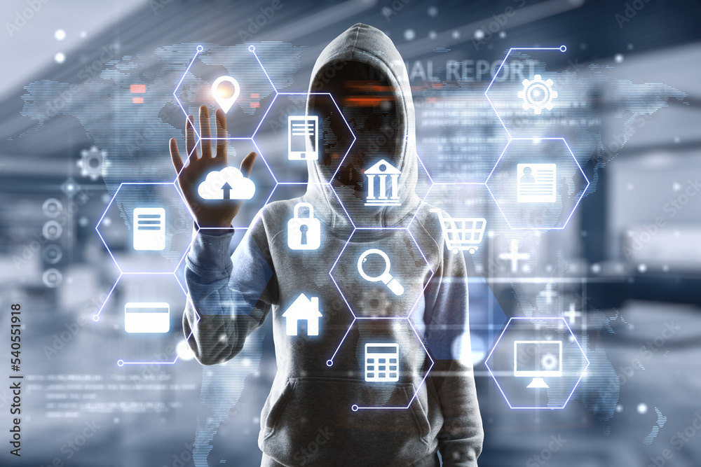 Poster Hacker hand using abstract glowing digital icons hologram on blurry office interior background. Digital transformation, hacking and technology concept. Double exposure.