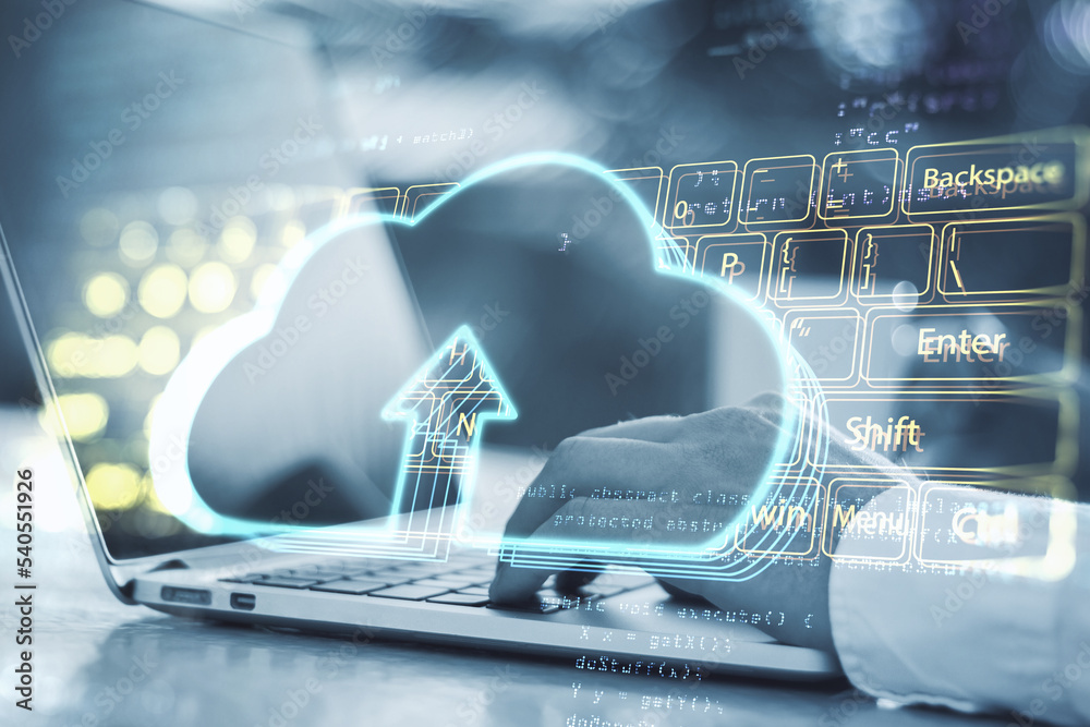 Poster Close up of male hands using laptop computer with glowing cloud hologram on blurry background. Server and database concept. Double exposure.