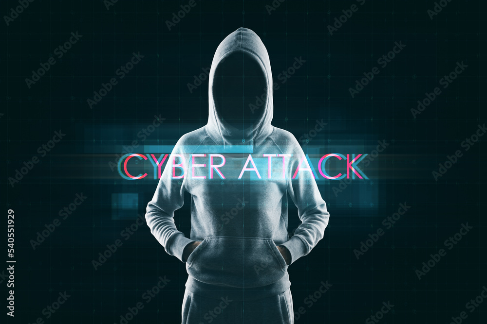 Poster malware concept with digital cyber attack sign on dark background with faceless person in hoodie