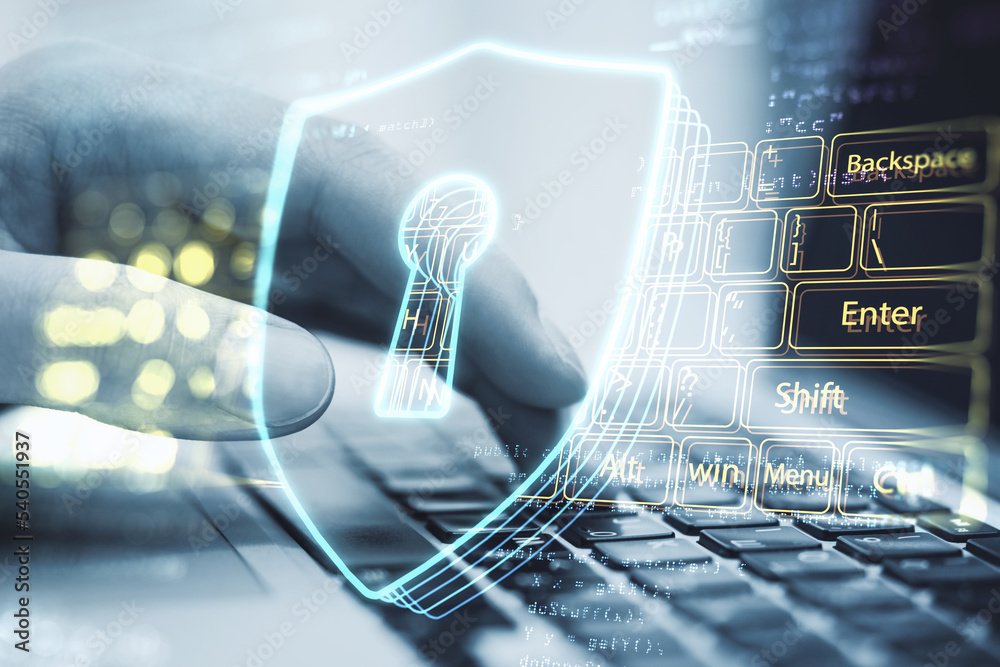 Poster Close up of hands using laptop computer on desktop with abstract glowing secure web keyboard safety and protection hologram on blurry background. Double exposure.