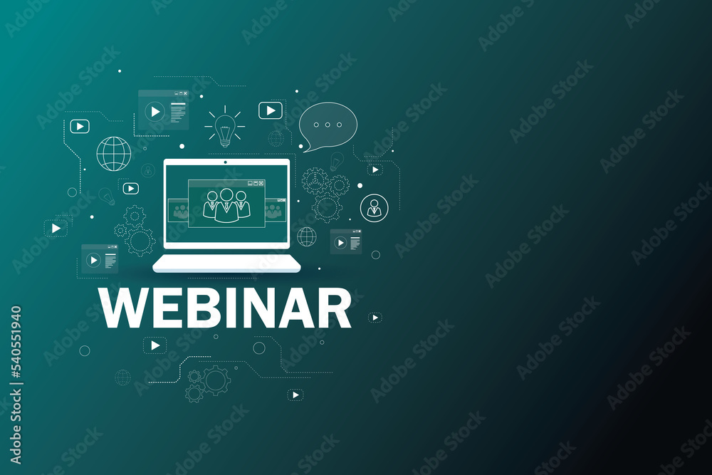 Poster Remote classes concept with webinar sign under white graphic laptop screen with user icons on dark green background with social media icons around and space for your logo or text. 3D rendering, mockup