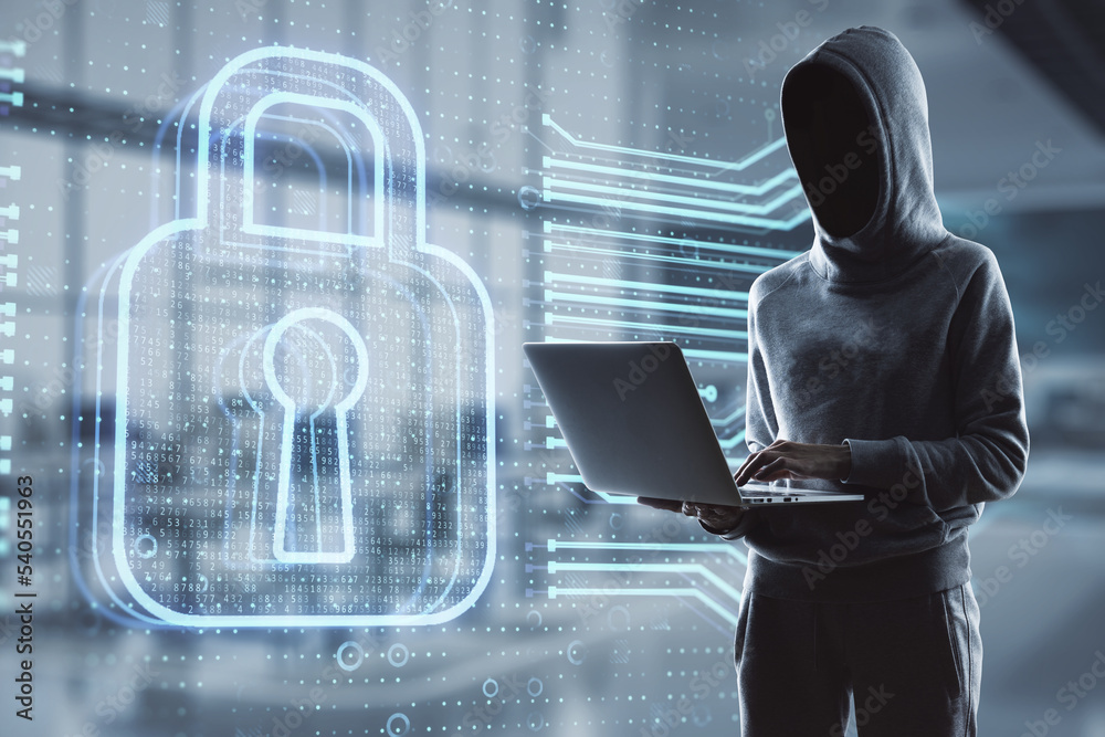 Poster Hacker using laptop computer with abstract glowing secure web safety and protection hologram on blurry office interior background. Hacking and data theft concept. Double exposure.