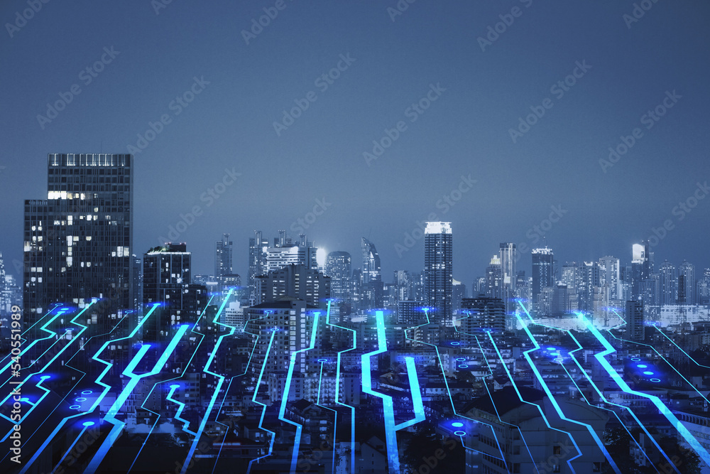 Poster abstract night circuit city backdrop with mock up place in sky. smart city, ai and digital transform