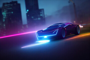 Street racing of the future. Futuristic sports car in motion (non-existent car design). Сar drifting, tire smoke wafting, neon city background.  3d illustration - obrazy, fototapety, plakaty