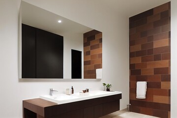 Fototapeta na wymiar White round sink modern brown tile wall bathroom in the house.
