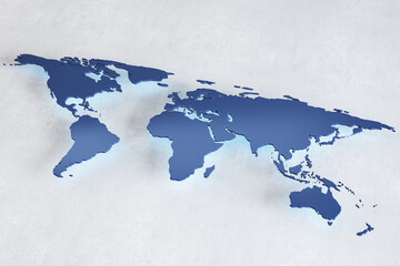 Global business concept with perspective view from top on blue world map hovering over light grey surface. 3D rendering