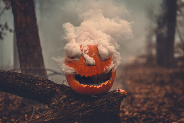 Halloween jack o lantern with smoke coming out in the forest