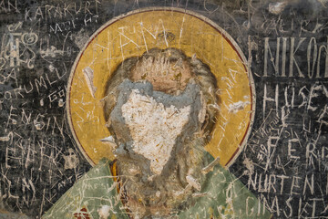 Vandalised christian frescoe in Sumela Monastery, Trabzon, Turkey