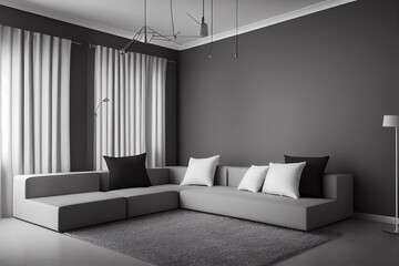 Modern living room interior with arch and three white poster on dark wall. Grey sofa with cushions, coffee table, chest of drawers and lamp. Concrete floor. 3D rendering