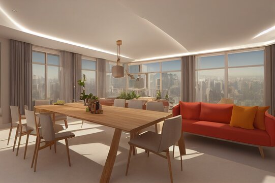 Open space eating room interior with wooden dining table and six chairs, sofa and city view on background. Sink and stove, shelves with kitchenware, 3D rendering no people