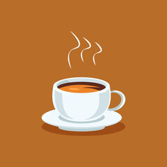 Simple white cup of hot coffee with milk on brown background