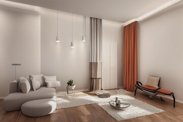 Naklejka na ściany i meble Interior design of empty living room with stylish, neutral room divider, decoration and elegant accessories. Modern home decor. 3d render