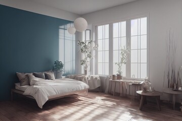 Fototapeta premium Mockup frame in interior background, room in light pastel colors, Scandi Boho style, 3d render
