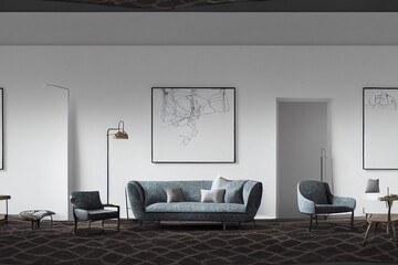 Designer soft armchair in loft style with two creative side tables with decor and floor lamp, patterned fabric. 3d rendering.