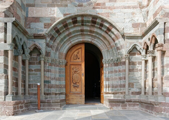 Main entrance of medieval Sacra di San Michele abbey in Susa Valley, Italy