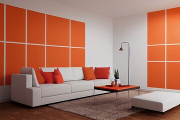 Wall mockup with six frames in solid flat pastel orange pinkish color, monochrome interior modern living room with single chair, without plant, 3d rendering, Gallery wall