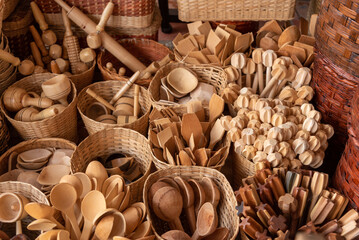 Sales of wicker basket and kitchen utensils in Villa de Leyva. Colombia