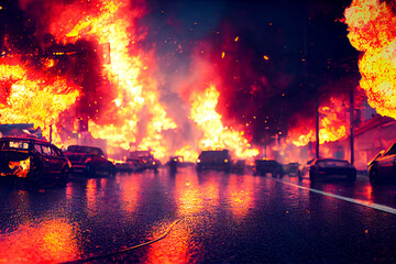 Modern terrorism. Burning city street at night. Bombing civil peoples.  3D image. Used neural network for drawing.