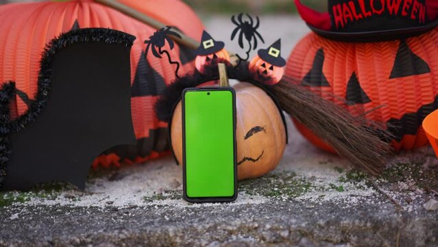 Zoom in phone with a green screen on the background of Halloween props, bats, pumpkins, skulls, spiders, a broom. The concept for advertising the application