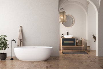 Naklejka na ściany i meble Interior of modern bathroom with white walls, wooden floor, bathtub, dry plants, white sink standing on wooden countertop and a oval mirror hanging above it. 3d rendering