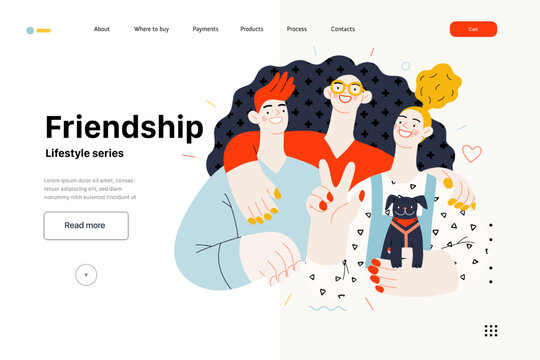 Lifestyle website template - Friendship - modern flat vector illustration of a happy young man and women embracing and posing together. People activities concept