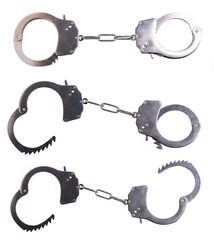 Metal handcuffs to incapacitate criminals on an isolated background.